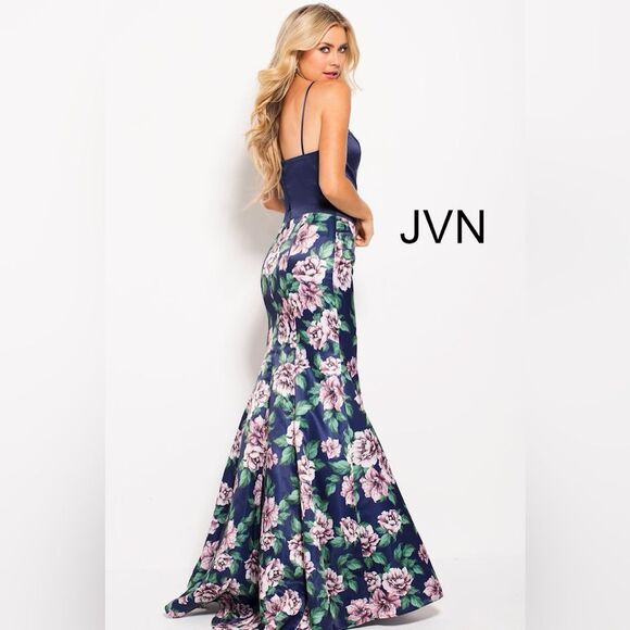 JVN by Jovani Navy Multi Floral Print Tow Piece Proms Dress 2 - Picture 2 of 14